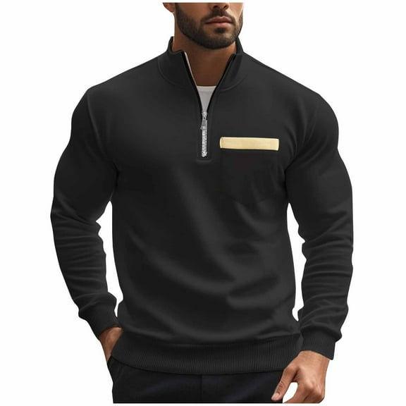 safuny Men's Winter Thicken Tops Big&Tall Fashion Crew Neck Sweatshirts Zipper Long Sleeve Shirts Outwear Solid Color Pullover Casual Black L