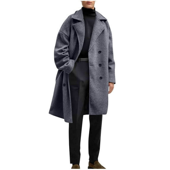 safuny Men's Wool Blend Double Breasted Long Pea Coat Notch Lapel Casual Warm Winter Trench Coat Gray M