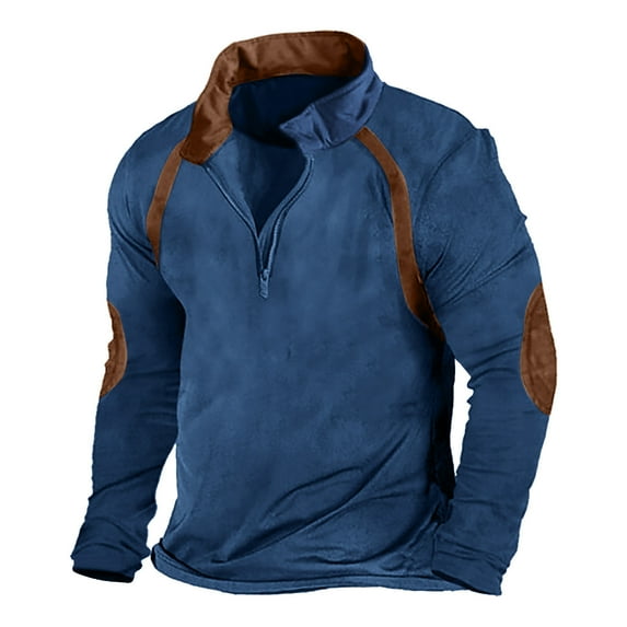safuny Men's Workout Color Blocked Quarter Zipper Pullovers Stand Collar Sweatshirts Fall Loose Pleated Tops Clearance Long Sleeve Blouses Casual Relaxed Fitted Fashion Blue M