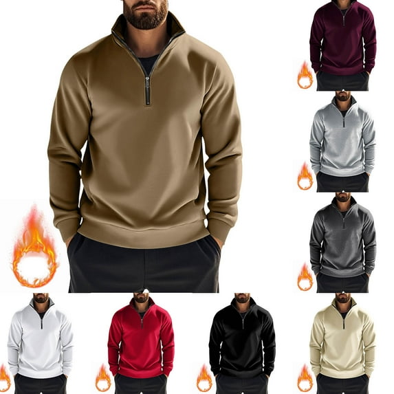 safuny Men's Workout Solid Color Pullover Loose Shirts Big&Tall Long Sleeve Tops Pockets Crew Neck Sweatshirts Quarter Zipper Casual Fashion Beige L