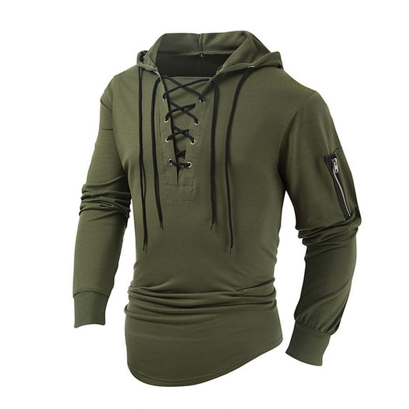 safuny Men's Workout Solid Color Zipper Pullovers Slim Hoodie Tops Long Sleeve Blouses Clearance V Neck Lacing Shirts Fall Casual Relaxed Fitted Fashion Green XL
