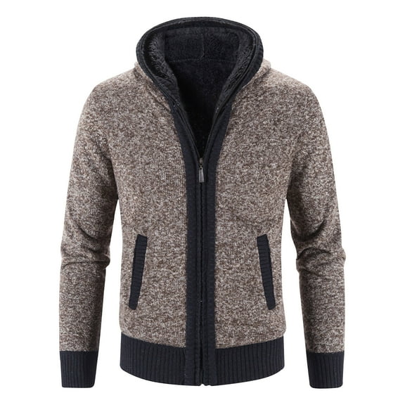 safuny Men's hoodies Classic Cardigan Sweaters Stand Collar Slim Casual Knitted Sweater long sleeve zipper Brown L