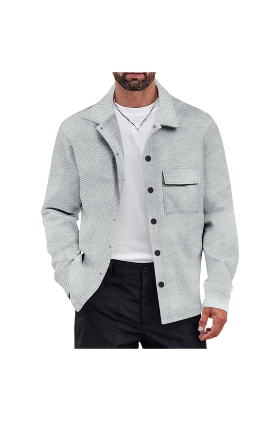 Mens Button Down Shirts Shacket Casual Long Sleeve Lapel Jacket Lightweight Work Shirts with Flap Pockets Gray S