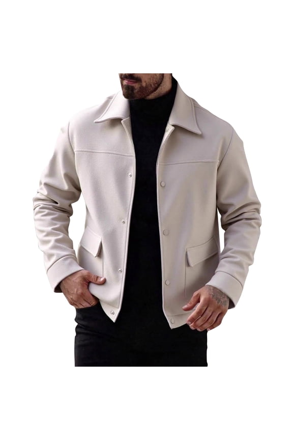 Mens Casual Business Jacket Solid Color Lapel Lightweight Jackets Button Down Slim Tops Outdoor Warm Windbreak Coat Beige L