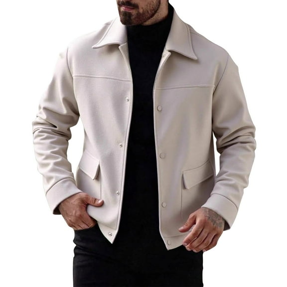 safuny Mens Casual Business Jacket Solid Color Lapel Lightweight Jackets Button Down Slim Tops Outdoor Warm Windbreak Coat Beige L