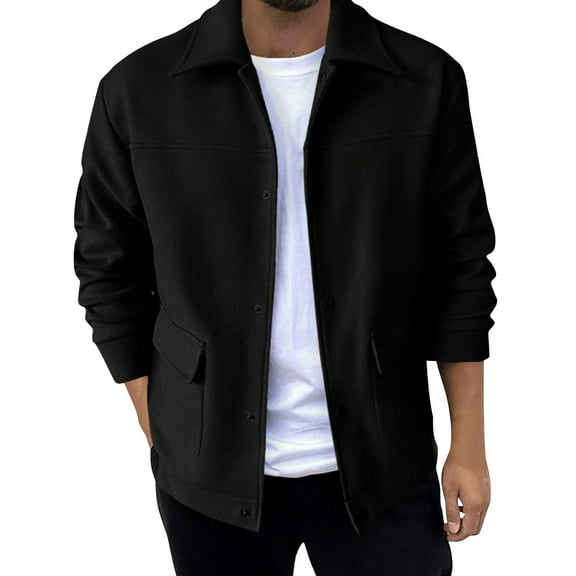 safuny Mens Casual Business Jacket Solid Color Lapel Lightweight Jackets Button Down Slim Tops Outdoor Warm Windbreak Coat Black L
