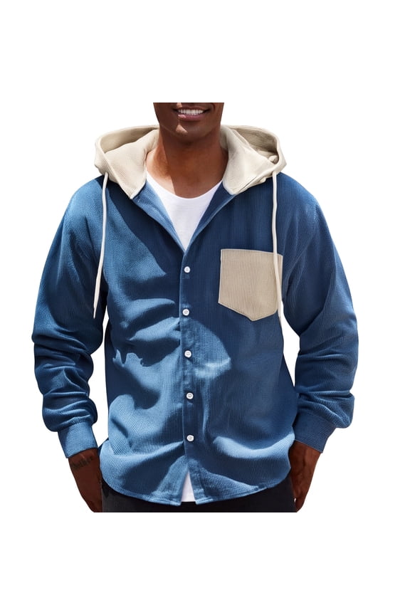 Mens Casual Corduroy Hooded Jacket Button Down Shirts Jacket Long Sleeve Solid Lightweight Fall Jackets Blue M