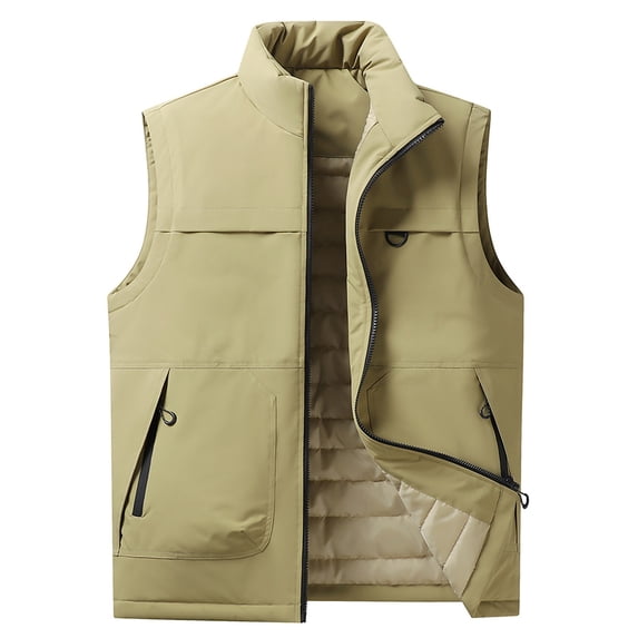 safuny Mens Casual Lightweight Sleeveless Stand Collar Puffer Jacket With Pockets Work Travel Solid Casual Sleeveless Outerwear Khaki XXL