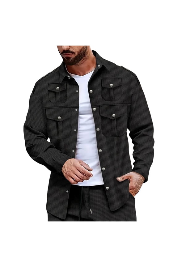 Mens Casual Shirt Jacket Button Down Jacket Long Sleeve Jackets Lightweight Laprl Overshirt with Flap Pockets Black S