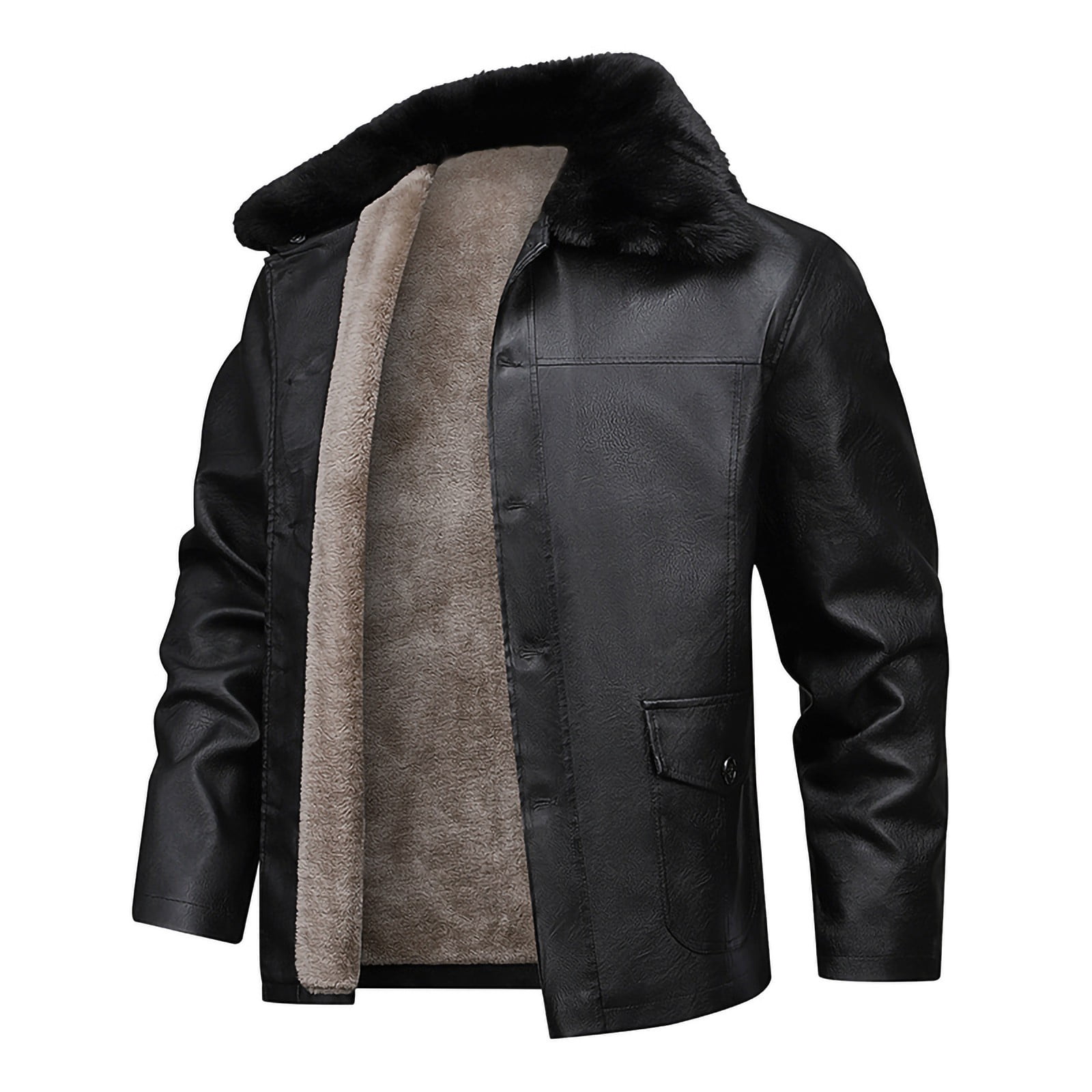 safuny Mens Classic Faux Leather Jacket Vintage Fleece Lined Leather Coat Fur Collar Classic Coat with Pockets Black XXXL