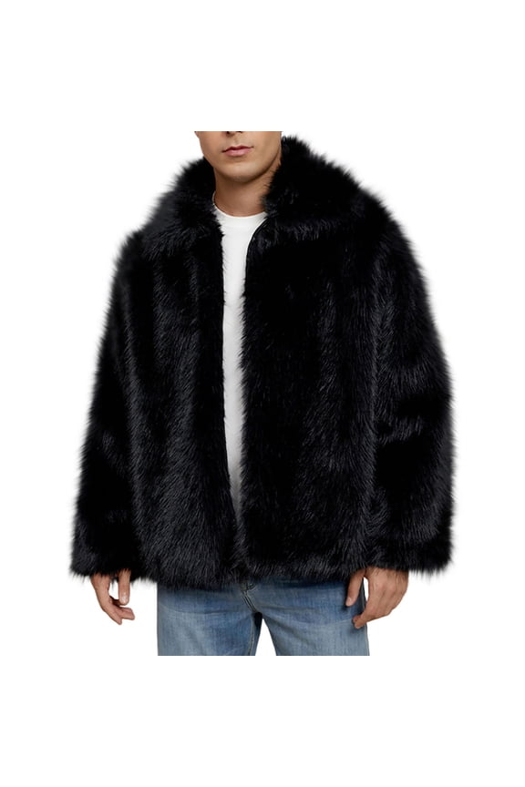 Mens Faux Fur Coat Oversized Lapel Cropped Button Fuzzy Jackets Warm Winter Trendy Outwear Black XXXL