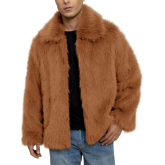 safuny Mens Faux Fur Coat Oversized Lapel Cropped Button Fuzzy Jackets Warm Winter Trendy Outwear Brown XL