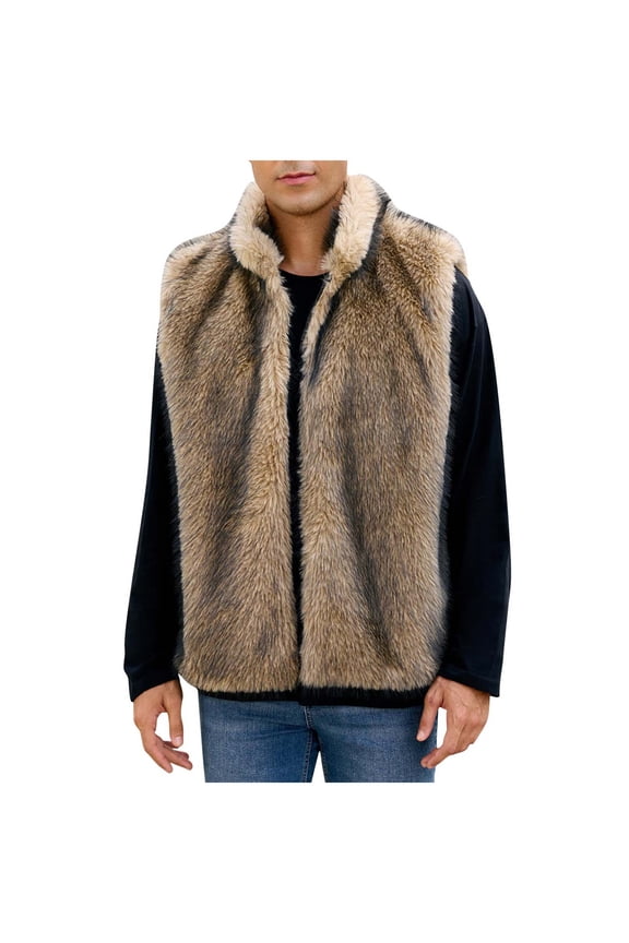 Mens Faux Fur sleeveless jacket Stand Collar Open Front Cardigan Top Fuzzy Coats Jacket Fluffy Outwear with Pockets Khaki L