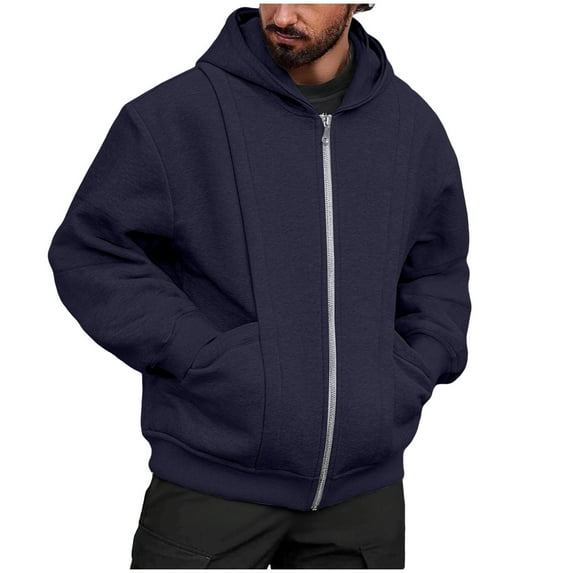 safuny Mens Full Zip Casual Hooded Fleece Warm Hoodies Sweatshirts Windproof Jacket Fall Winter Coat Navy L