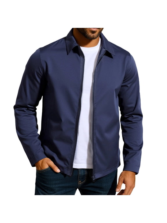 Mens Lightweight Jackets Full Zip Business Casual Solid Lapel Windbreaker Fall Golf Coat Jacket with Pockets Navy XL