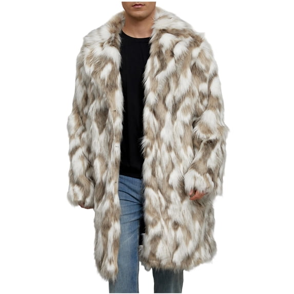 safuny Mens Mid Long Faux Fur Coat Winter Fleece Jacket Lapel Long Sleeve Color Block Parka Overcoat Warm Cardigan Overcoat Khaki XL