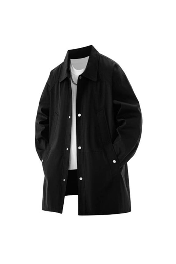 Mens Mid Long Trench Windbreaker Lapel Trench Coat Fall Windproof Overcoat Casual Breasted Long Jacket Black L