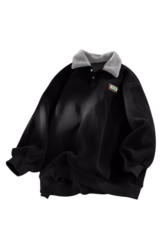 Mens Ribbed Fleeve Line llover Long Sleeve Lapel Sweatshirt Casual Fashion Classic Button Down Tops Black M