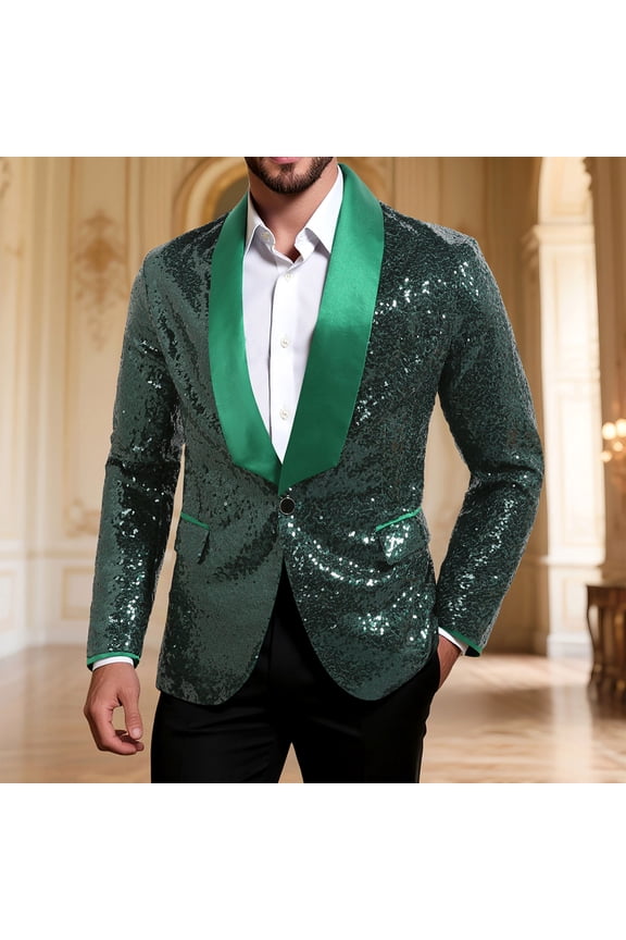 Mens Sequins Blazer Dress Suit One Button Jacket Cocktails Shiny Metallic Disco Dance Party Tuxedo Green L