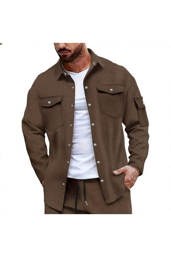 Mens Shirt Jacket Casual Button Down Shirts Lapel Long Sleeve Lightweight Shacket with Pockets Coffee M