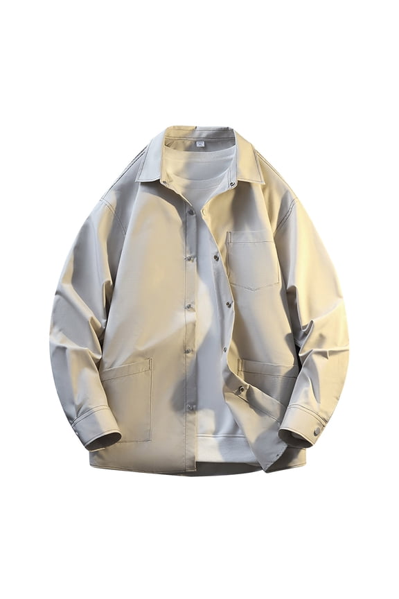 Mens Shirt Jacket Casual Button Down Shirts Long Sleeve Lapel Lightweight Fall Shacket with Pockets White M