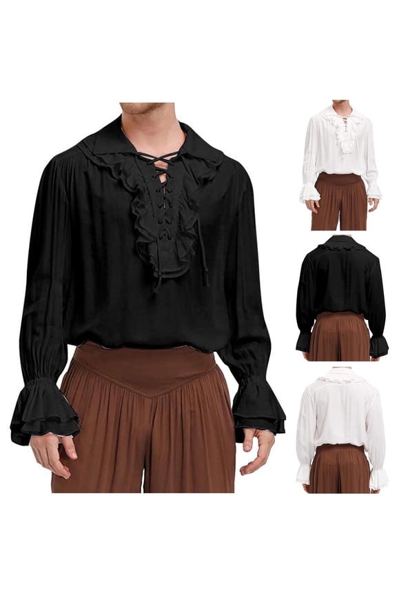Mens Tops Long Sleeve Ruffled Renaissance Shirt Steampunk Trumpet Comfy Casual Dressy Loose Pullover Plus Size Clothes Stand Colllar Solid Color White XL