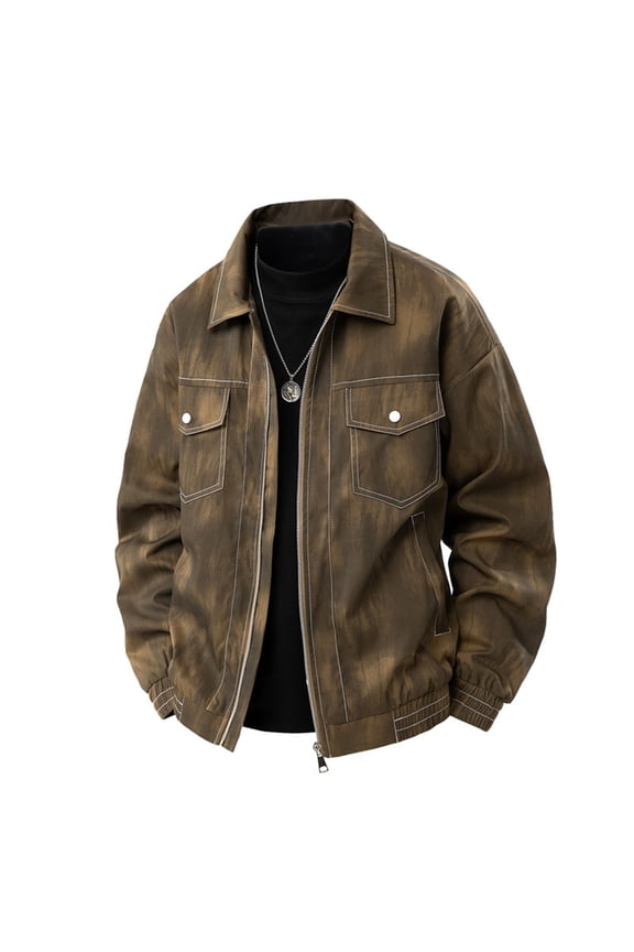 Mens Trucker Jacket Western Style Cowboy Lapel Zip Up Moto Jacket Casual Lightweight Outerwear Brown L