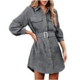 thumbnail image 1 of safuny Mini Corduroy Dress with Pocket for Women Solid Color Long Sleeve Lapel Neck Dress Button Elegant Leisure Retro Holiday Beach Trendy Clothing Fall Gray XL, 1 of 6
