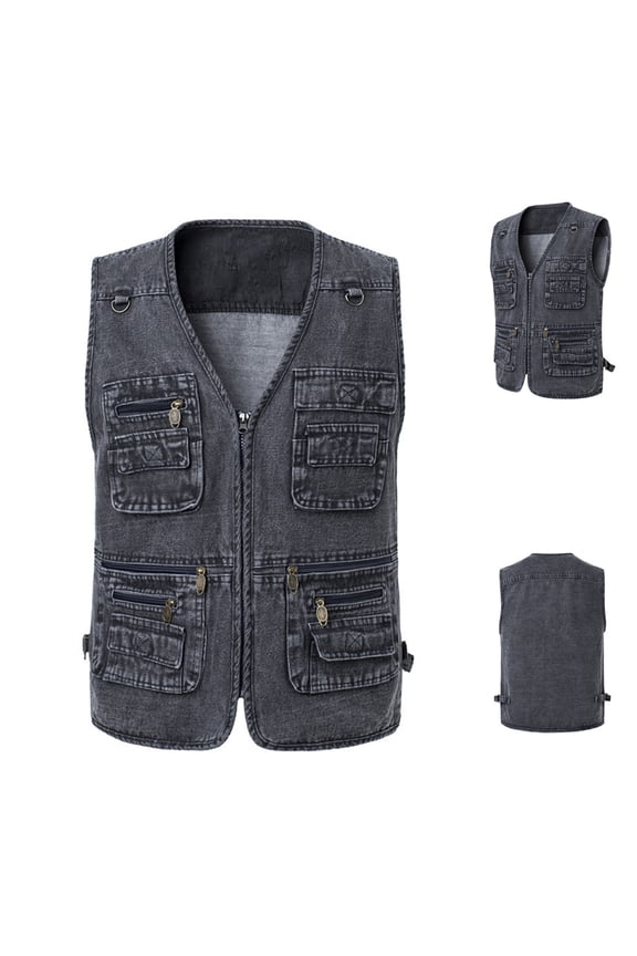 Multiple Pockets Outdoor Sports Photography Denim Jacket for Men Fashion Sleeveless Lightweight Athletic Holiday Casual Waistcoat Coat V Neck Zipper Gray