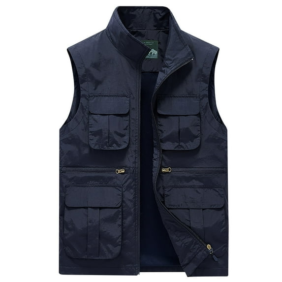 safuny Multiple Pockets Outdoor Sports Photography Jacket for Men Fashion Sleeveless Lightweight Athletic Casual Waistcoat Coat Standing Collar Zipper Holiday Dark Blue