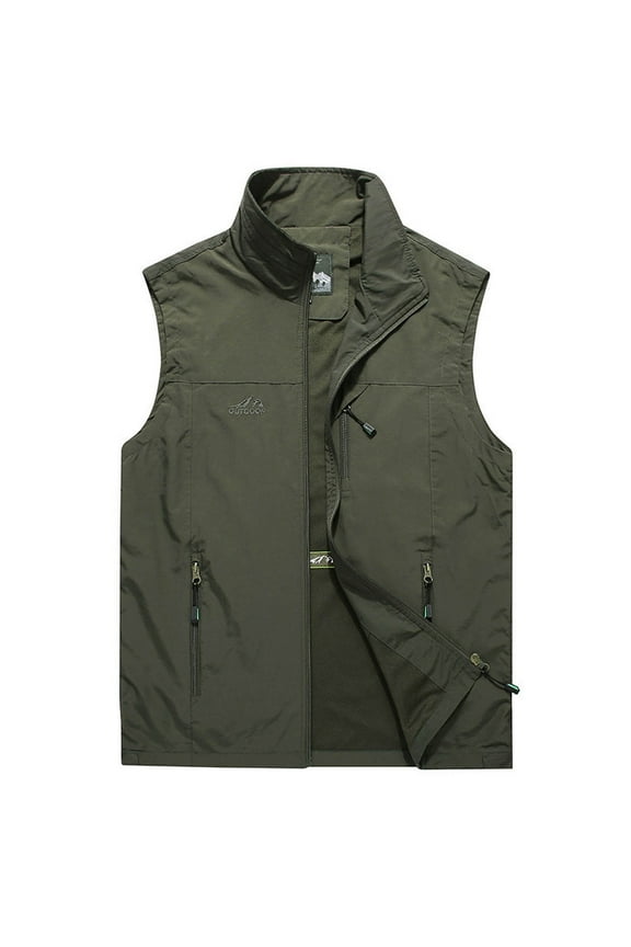 Multiple Pockets Outdoor Sports Photography Jacket for Men Standing Collar Zipper Holiday Fashion Sleeveless Lightweight Athletic Casual Waistcoat Army Green