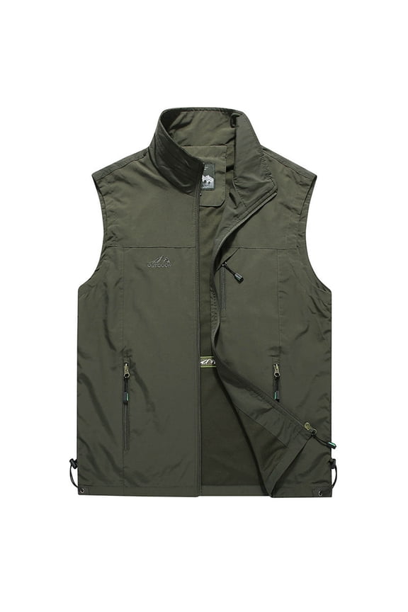 Multiple Pockets Outdoor Sports Photography Jacket for Men Standing Collar Zipper Holiday Fashion Sleeveless Lightweight Athletic Casual Waistcoat Army Green