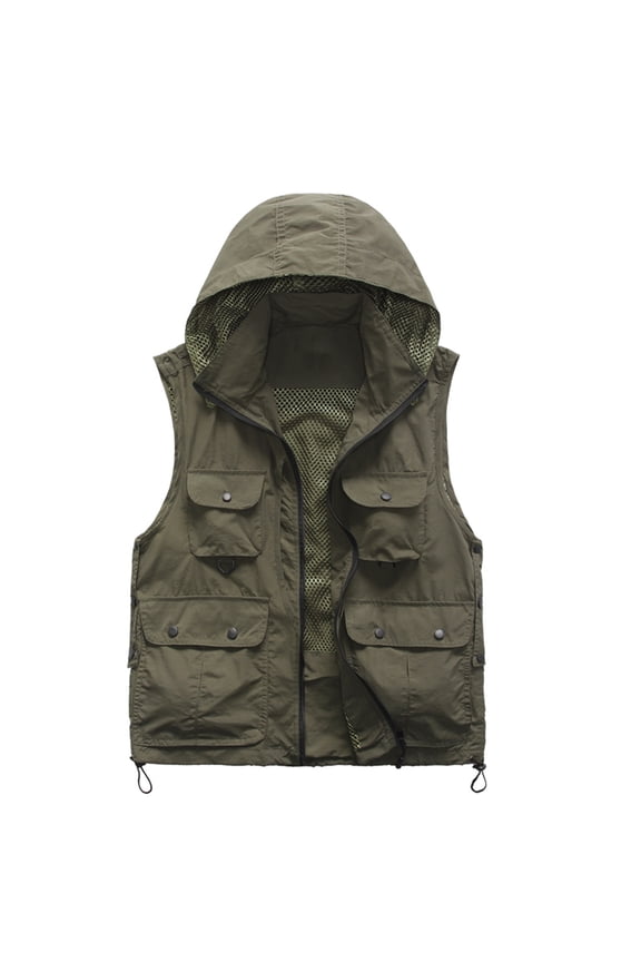 Multiple Pockets Outdoor Sports Photography Jacket for Men Standing Collar Zipper Holiday Sleeveless Lightweight Athletic Casual Waistcoat Coat Green XXL