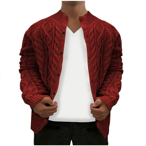 safuny Open Front Vintage Cardigans Stand Collar Knit Sweater for Men Casual Loose Fit Tops Workout Fall Long Sleeves Button Down Cable Knit Cardigan Red XXL