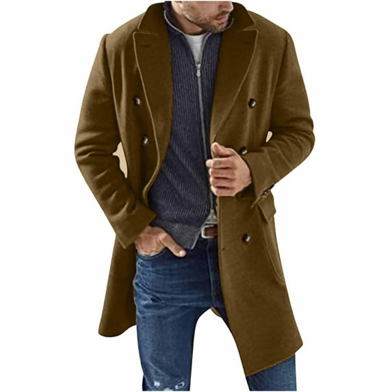 safuny Overcoat Trench Coat for Men Long Sleeve Athletic Fashion Solid Color Stand Collar Button Outdoor Casual Single-Breasted Holiday Brown M