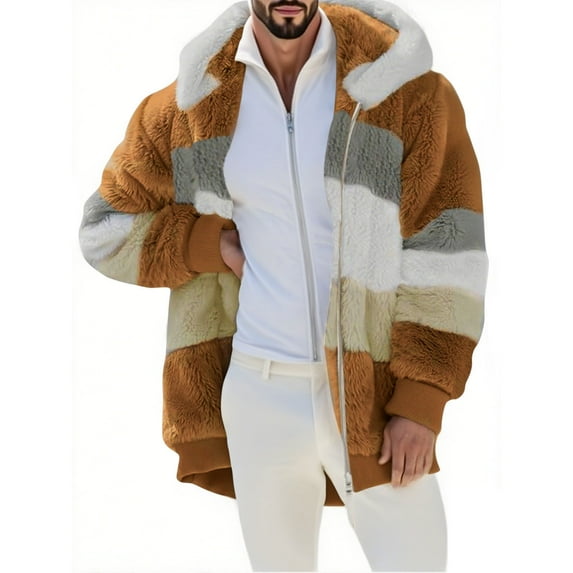 safuny Oversized Fuzzy Fleece Hooded Jackets For Men Color Block Faux Fur Coat Shaggy Warm Winter Outerwear Brown XXXL