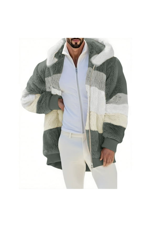 Oversized Fuzzy Fleece Jackets For Men Color Block Zip Hooded Coat Warm Winter Outerwear Army Green L