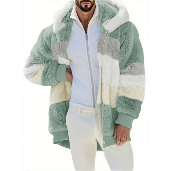 safuny Oversized Fuzzy Fleece Jackets For Men Color Block Zip Hooded Coat Warm Winter Outerwear Green L