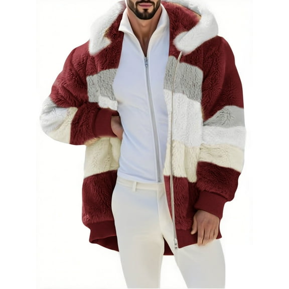 safuny Oversized Fuzzy Fleece Jackets For Men Color Block Zip Hooded Coat Warm Winter Outerwear Wine L