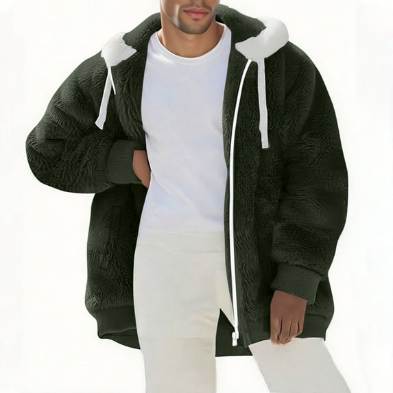 safuny Oversized Fuzzy Thickening Fleece Jackets For Men Solid Color Zip Hooded Coat Warm Winter Outerwear Army Green L