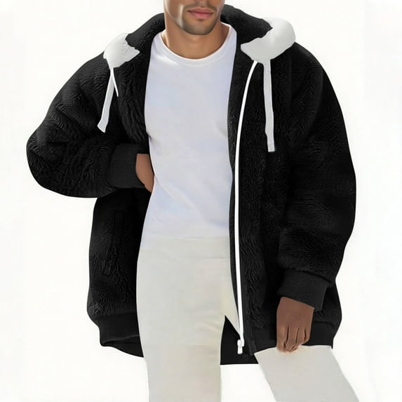 safuny Oversized Fuzzy Thickening Fleece Jackets For Men Solid Color Zip Hooded Coat Warm Winter Outerwear Black L