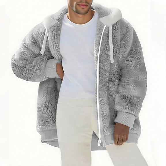 safuny Oversized Fuzzy Thickening Fleece Jackets For Men Solid Color Zip Hooded Coat Warm Winter Outerwear Gray M