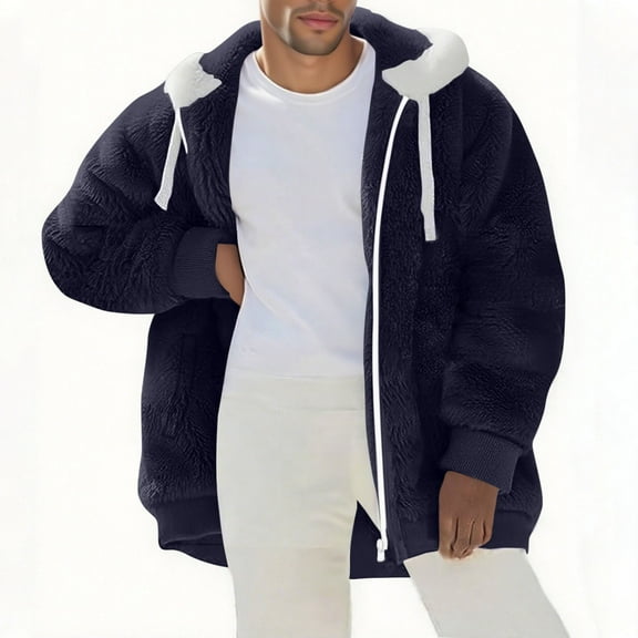 safuny Oversized Fuzzy Thickening Fleece Jackets For Men Solid Color Zip Hooded Coat Warm Winter Outerwear Navy M