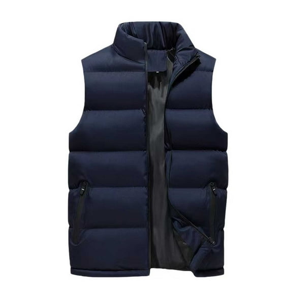 safuny Padded Jackets for Men Dressy Cotton Down Vest Coat Stand Collar Sleeveless Fall Fashion Shacket Jacket Comfy Casual Solid Color Navy XXXXL