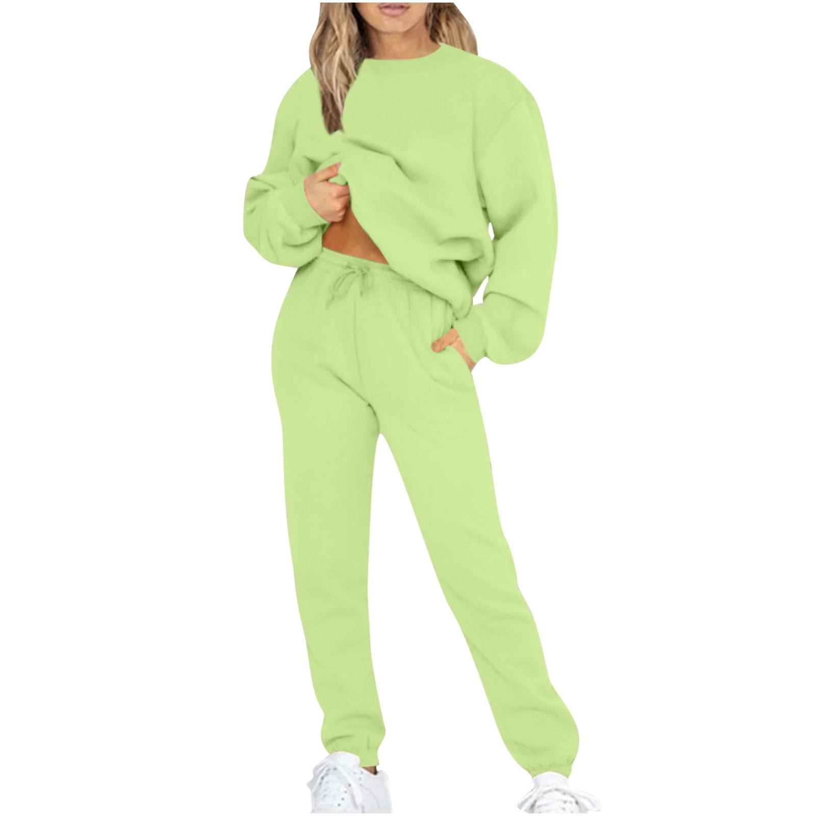 safuny Pants for with Pocket Women Suit Mint Piece 4XL Long Round Sleeve Pants Skinny Casual Sets Green Outfits Long Loose 2 Sweatshirts Tops Neck