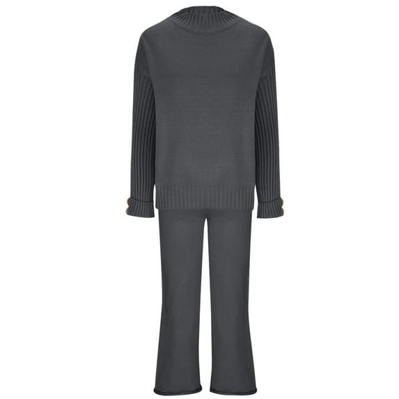 safuny Pants for Women Long Sleeved Plain Knitted Casual Two-piece Blouse Pants Knitting Sweater with Pocket Black L