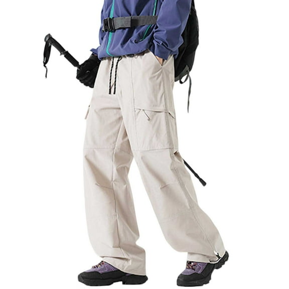 safuny Parachute Cargo Pants for Men Hiking Lightweight Pants Baggy Waterproof Sports Outdoor Clothes with Zipper Pockets Beige M