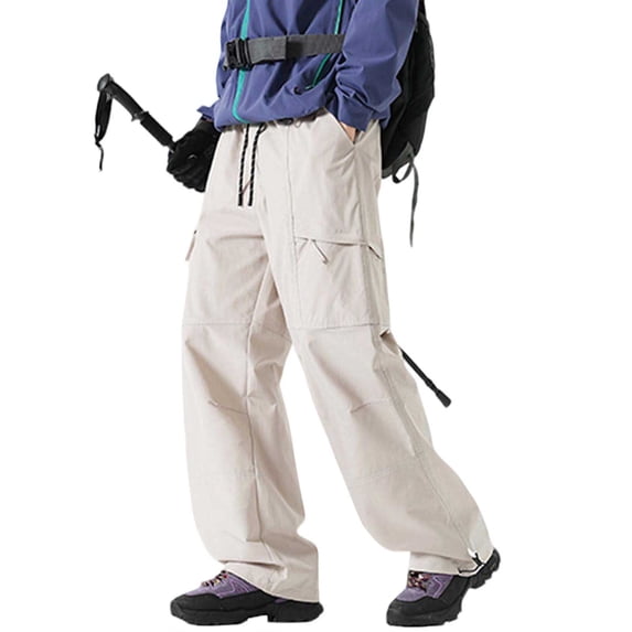 safuny Parachute Cargo Pants for Men Hiking Lightweight Pants Baggy Waterproof Sports Outdoor Clothes with Zipper Pockets Beige S