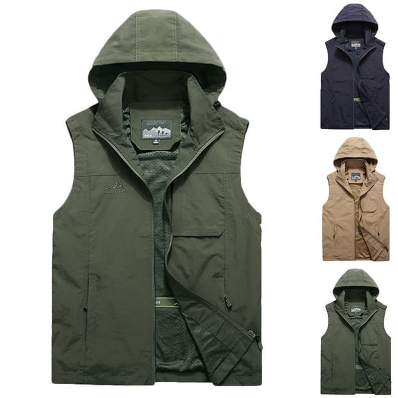 safuny Photo Cargo Vest Hiking Detachable Hoodie Fishing Travel Vest for Men Golf Jacket Multi Pockets Zipper Vests Workout Sleeveless Stand Collar Lightweight Green L