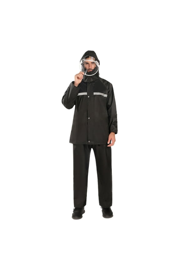Rain Suit Jacket Trouser Suit Raincoat for Men Women Outdoor All-Sport Breathable Tracksuits Zipper Hoodie Spring Outfits Pockets Black L